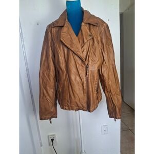 Max Studio Faux Leather Moto Jacket Cognac Brown XL Asymmetrical Zip Biker